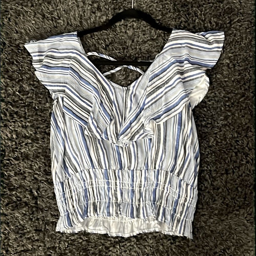 Boho Style Striped Blouse with Criss Cross Accent Back SZ M